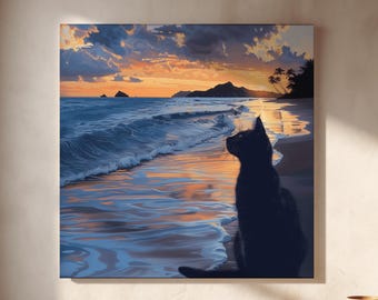 Canvas Prints, Wall Art Decor, Cat Sunset Beach Scene, Coastal Home Decor, Animal Lover Gift, Nature Lover Gift