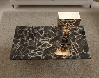 Luxury Black Agate Coffee Table | Modern Resin Gemstone Slab | Custom Industrial Metal Base