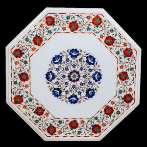 12x12 inches coffee table, Marble Coffee Table Top Multi Color Semi Precious Stone Carnelian Lapis Inlay Art, Modern white marble