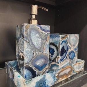 Juego de accesorios de baño de ágata azul hechos a mano, decoración de tocador de lujo, dispensador de jabón de 3 piezas, bandeja y portacepillos de dientes.