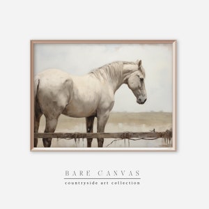 Vintage White Horse Oil Painting | Farmhouse Decor | White Horse Portrait |  Horse Wall Art Print | Neutral Vintage Art |