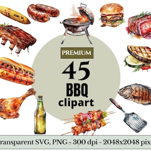 Premium aquarel BBQ-clipart - barbecue-items downloaden - direct downloaden - grill - kebab - ribben - borst - Amerikaanse cultuur