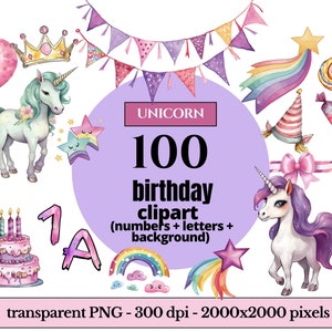 UNICORN Birthday clipart, Watercolor Celebrate Clipart, kids baby clipart, 100 PNG, T-shirt print, Sublimation File, transparent background