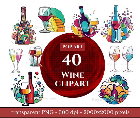 Wine clipart- print, 40 PNG, T-shirt print, Sublimation File, transparent background Print, Pop Art style