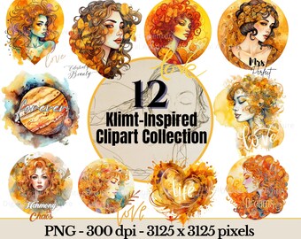 Klimt-inspirerad clipartsamling, söt guldfärgad kvinnoporträtt clipart, 12 PNG-filer, T-shirttryck, sublimeringsfil