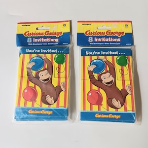 Novos convites lacrados para festa de aniversário com desenho animado do George, o Curioso, dos anos 90, dois pacotes com 8 cartões (16 no total) com envelopes.