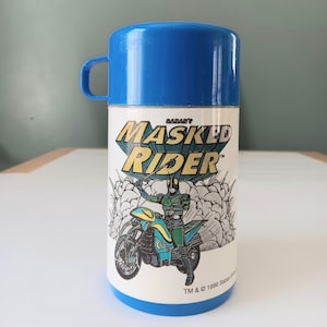 90s Saban&#39;s The Masked Rider Lunchbox Thermos Vintage Aladdin Blue & White vintage drinkware