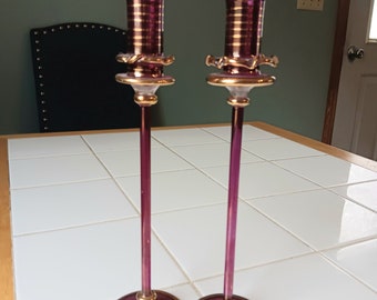 Cranberry Pink & Gold Glass Candlestick Candle Holders Set Of 2 Mid-century