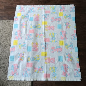 Satin Edge Vintage 70s Baby Crib Blanket Teddy Bear Blue Pink And White 42x38