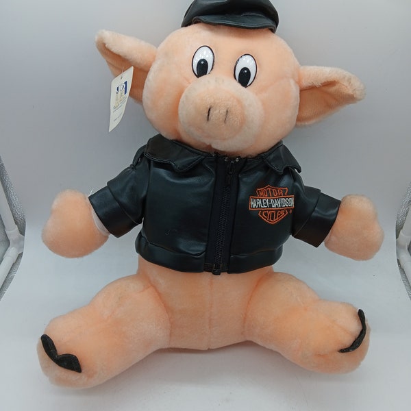 90s vintage harley davidson stuffed animal plush biker hog / pig with tags. leather coat and hat 14"