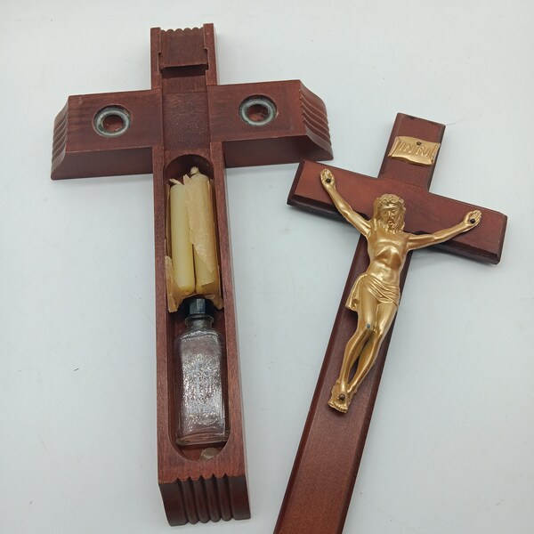 Vintage Catholic Last Rights Wooden Crucifix Cross Set Holy Water Bottle Candles