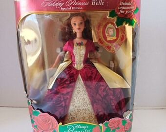 Vintage 90s Disney Bella y Bestia la Navidad encantada"~Princesa Bella charcater juguete Barbie muñeca