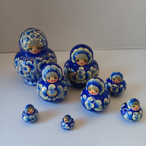 Matrioschka Blue wooden floral painted russian nesting dolls set of 8