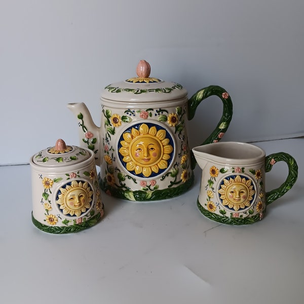 Vintage Otagiri Sunflower Floral Teapot Creamer And Sugar Bowl Fiona Stokes decorative kitchen serveware Set