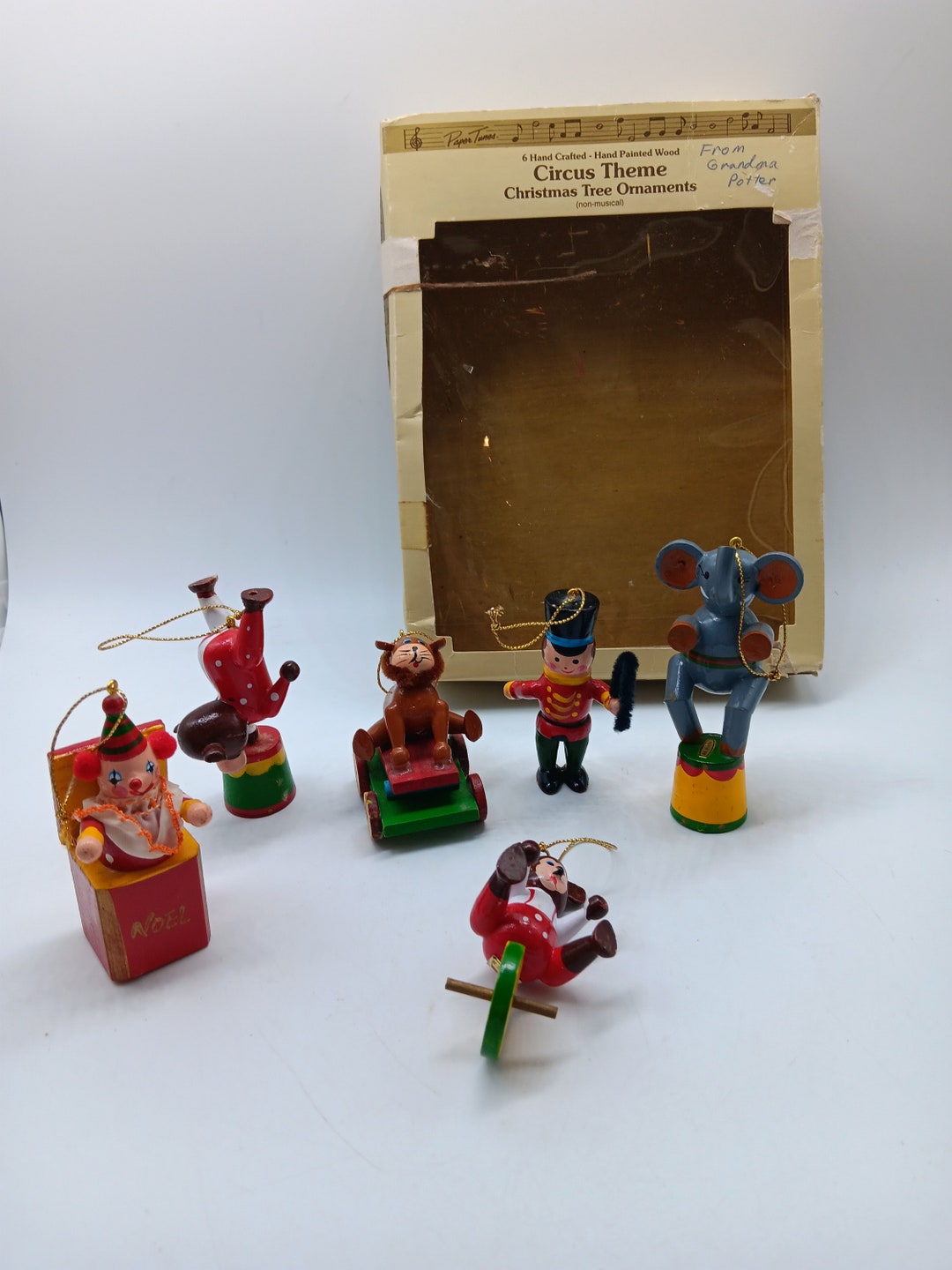 80s ADORABLE Wooden Hand Crafted Set of 6 Wooden Circus Animal
