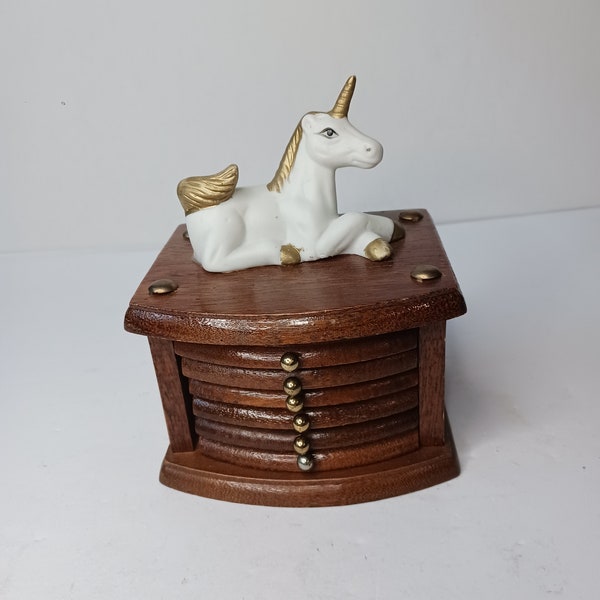 Wooden and ceramic vintage Unicorn nesting Coaster Set home decor.