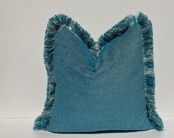 Teal Blue Brush Tassel Pillow Cover,Sea Tassel Linen Pillow Cover,Blue Euro Sham Pillow, Linen Decorative,Valentine's Day, Housewarming Gift