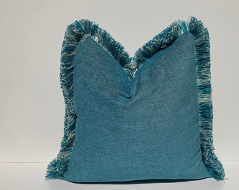 Teal Blue Brush Tassel Pillow Cover,Sea Tassel Linen Pillow Cover,Blue Euro Sham Pillow, Linen Decor,Home Decor, Halloween Gift,20x20