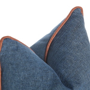 Blue Linen Throw Pillow Cover, Terracotta Pipping, Decorative Pillowcase (20x20)