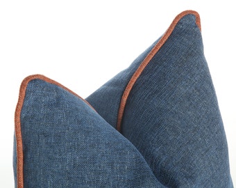 Blue Pillow with Terracotta Pipping Linen Throw Pillows Pipping Pillowcase Blue Linen Pillow Decorative Pillowcase Halloween Gift 20x20