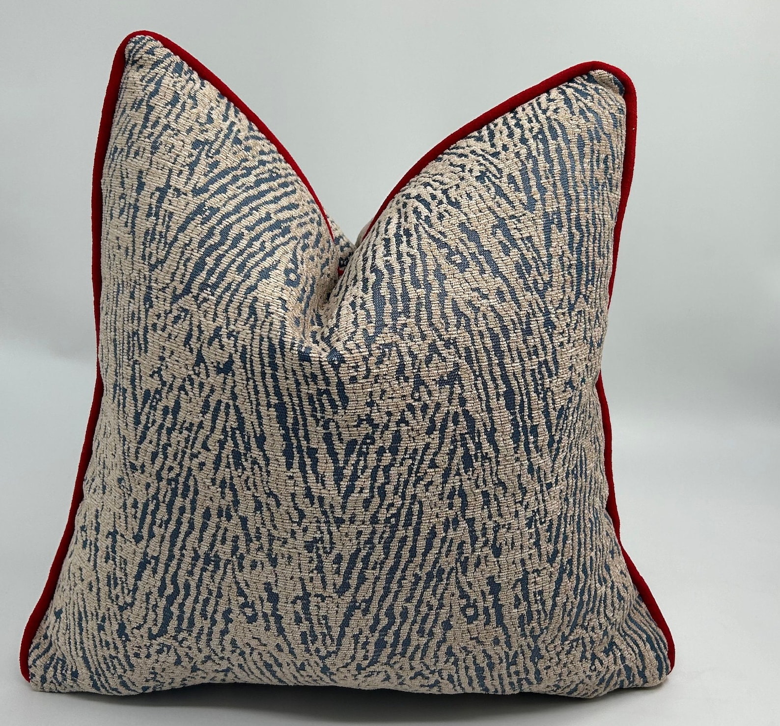 Blue Zebra Chenille Pillowcase, Beige Woven Throw, Red Piping - 18x18 inches, Pack Of 1