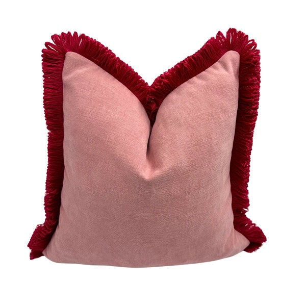 Funda de almohada fucsia con flecos, funda de almohada de chenilla, borlas rosas, funda de almohada europea rosa, decoración con flecos, 20x20