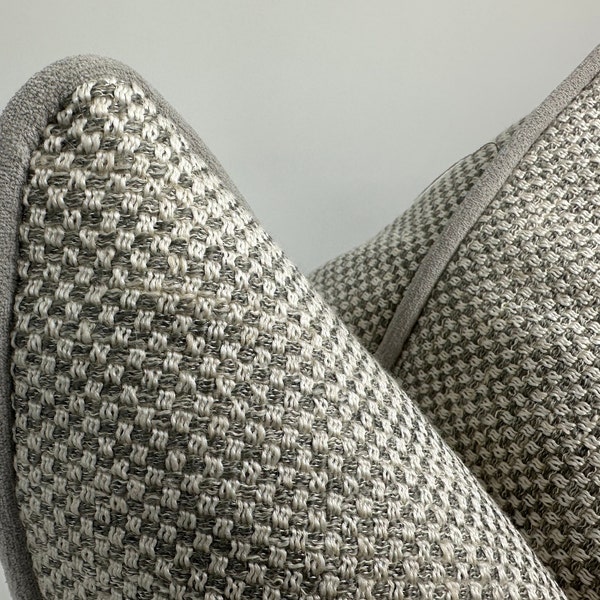 Gray and White Basketweave Woven Pillow Cover with Gray Chenille Pipping,Natural Linen Textured Thick Fabric,Tartan Pillowcase,Boho Decor