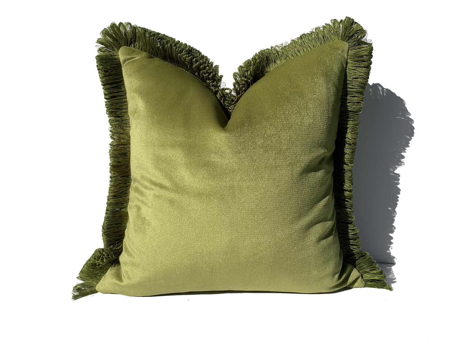 Green Brush Fringe Pillowcase,Velvet Pillows,Vivid Moss Tassels,Green Euro Sham