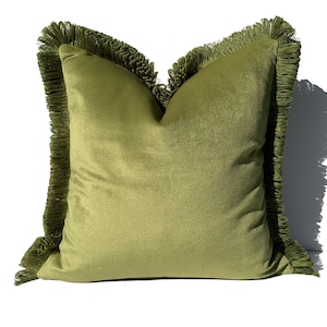 Green Brush Fringe Pillow Cover,Velvet Pillow Case, Vivid Moss Green Tassels, Green Euro Sham Pillow,Brush Fringe Decoration,Mother's Day