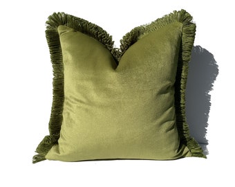 Green Brush Fringe Pillowcase,Velvet Pillows,Vivid Moss Tassels,Green Euro Sham