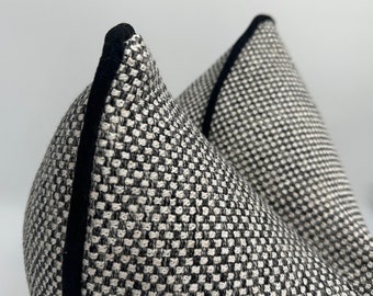 Black and White Basketweave Woven Pillowcase with Black Chenille Pipping,Natural Linen Textured Thick Fabric