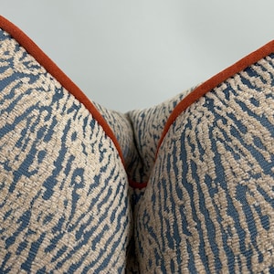 May include: Two decorative throw pillows with a blue and beige patterned fabric and a rust-colored trim.