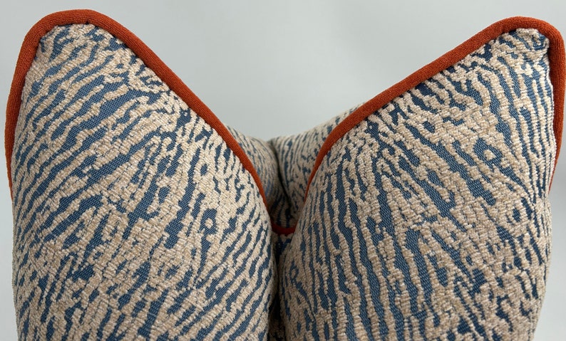 May include: Two decorative throw pillows with a blue and beige patterned fabric and a rust-colored trim.