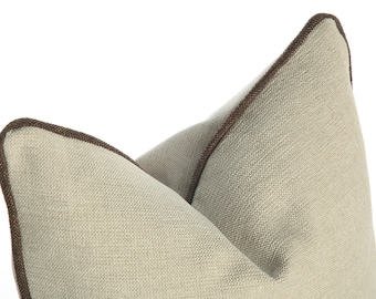 Beige Pillow with Brown Pipping,Linen Throw Pillow,Pipping Pillowcase,Oatmeal Linen Pillow,Beige Pillow,Halloween Gift,Country&Farmhouse
