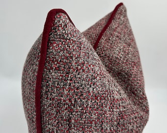 Burgundy Basketweave Pillow Cover with Chenille Piping, Tartan Pillowcase (20x20)