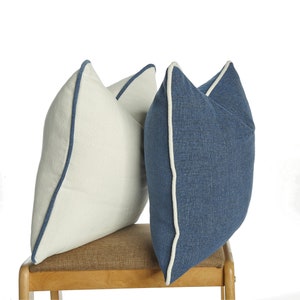 Set di federe blu e bianche, federa in lino con bordino, cuscini combinati, federa in lino color cobalto, cuscini con bordino, cuscino in lino bianco