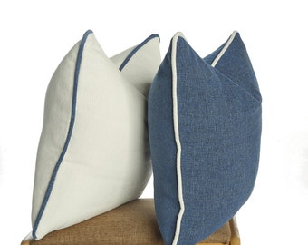Blaue und weiße Kissenbezug, Paspel Leinen Kissenbezug, Kombikissen, Leinen Kissenbezug, Paspelkissen, weißes Leinenkissen