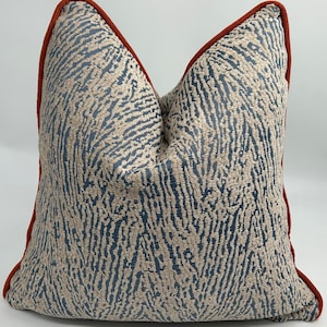 May include: A decorative throw pillow with a blue and white abstract pattern. The pillow has a rust-colored border.