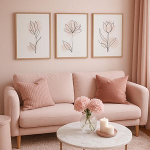Blush Pink Botanical Line Art Print Set, 3 Piece Framed Prints, Minimalist Living Room Décor