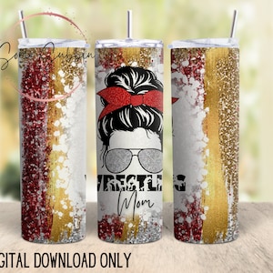Wresting mom 20 oz Skinny Tumbler Wrap Sublimation Design, Red Gold Silver Wresting Mom PNG Download digitale, Download digitale di wrestling