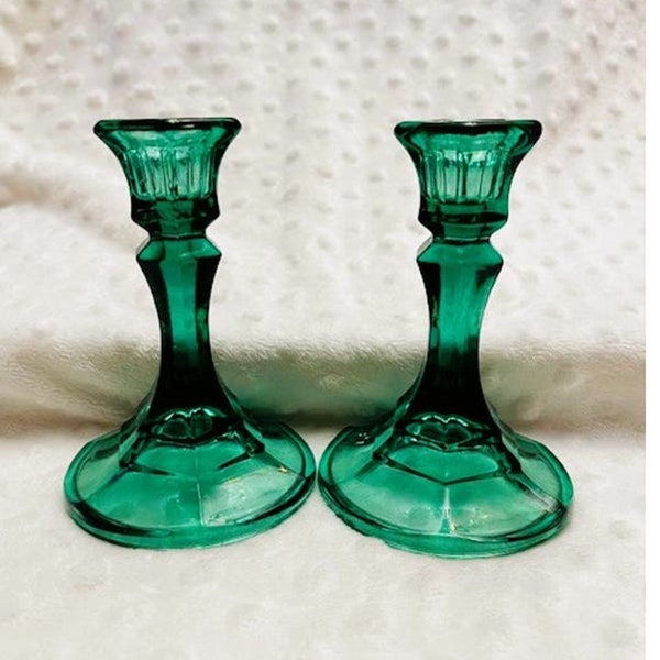 Vintage Indiana Glass Co. Paneled Teal Green 4 1/2" Candlesticks