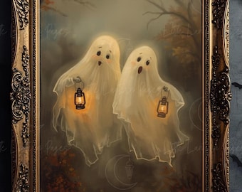 Pintura a óleo retrô encantadora de Halloween, arte de parede, fantasmas carregando lanternas na neblina, impressão assustadora retrô, download digital