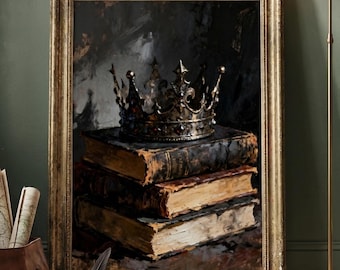 Dark Academia Crown Wall Art | Royalcore Print | Romantasy Decor | Vintage Books Oil Painting | Fantasy Reader Poster | Digital Download