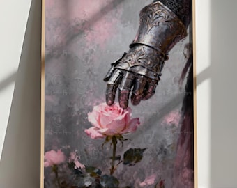 Romantic Fantasy Wall Art | Knight and Rose Oil Painting | BookTok Romantasy Decor | Soft Armor Aesthetic | Book Lover Print
