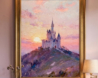 Impressão de Castelo de Conto de Fadas | Arte de Parede Fantasia em Tons Pastel | Decoração Romantística | Pôster Princesscore | Pintura de Pôr do Sol Rosa | Download Digital