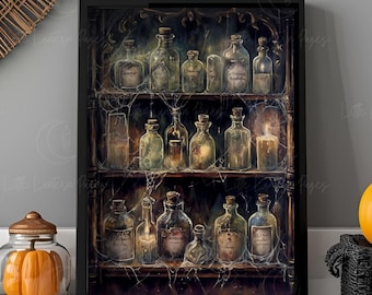 Potion Bottles Art Print | Halloween Bathroom Wall Art | Spooky Apothecary Decor | Witchy Shelf Poster | Dark Academia Art