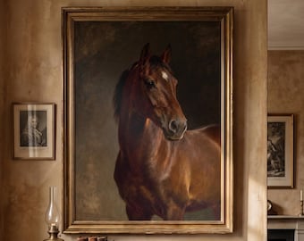 Impressão de Retrato de Cavalo Nobre | Arte de Parede Equestre Vintage | Decoração Dark Academia | Pôster Rústico e Melancólico | Download Digital de Pintura a Óleo Antiga
