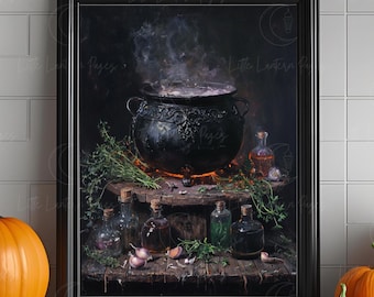 Konsttryck med häxkittel | Väggkonst med Halloween-apotekare | Poster med kusliga trolldryckflaskor | Dekor med mörka akademier | Stämningsfull höstkonst