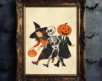 May include: A framed wall art print featuring a vintage-style illustration of a person in a witch costume holding a jack-o'-lantern, a skeleton, and a person with a pumpkin head wearing a suit, all set against a cream-colored background.