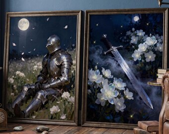 Moon Garden Art Set | Romantasy Wall Art | Fallen Knight Print | Fantasy Sword Poster | Dark Academia Decor | Moody Aesthetic Digital Bundle